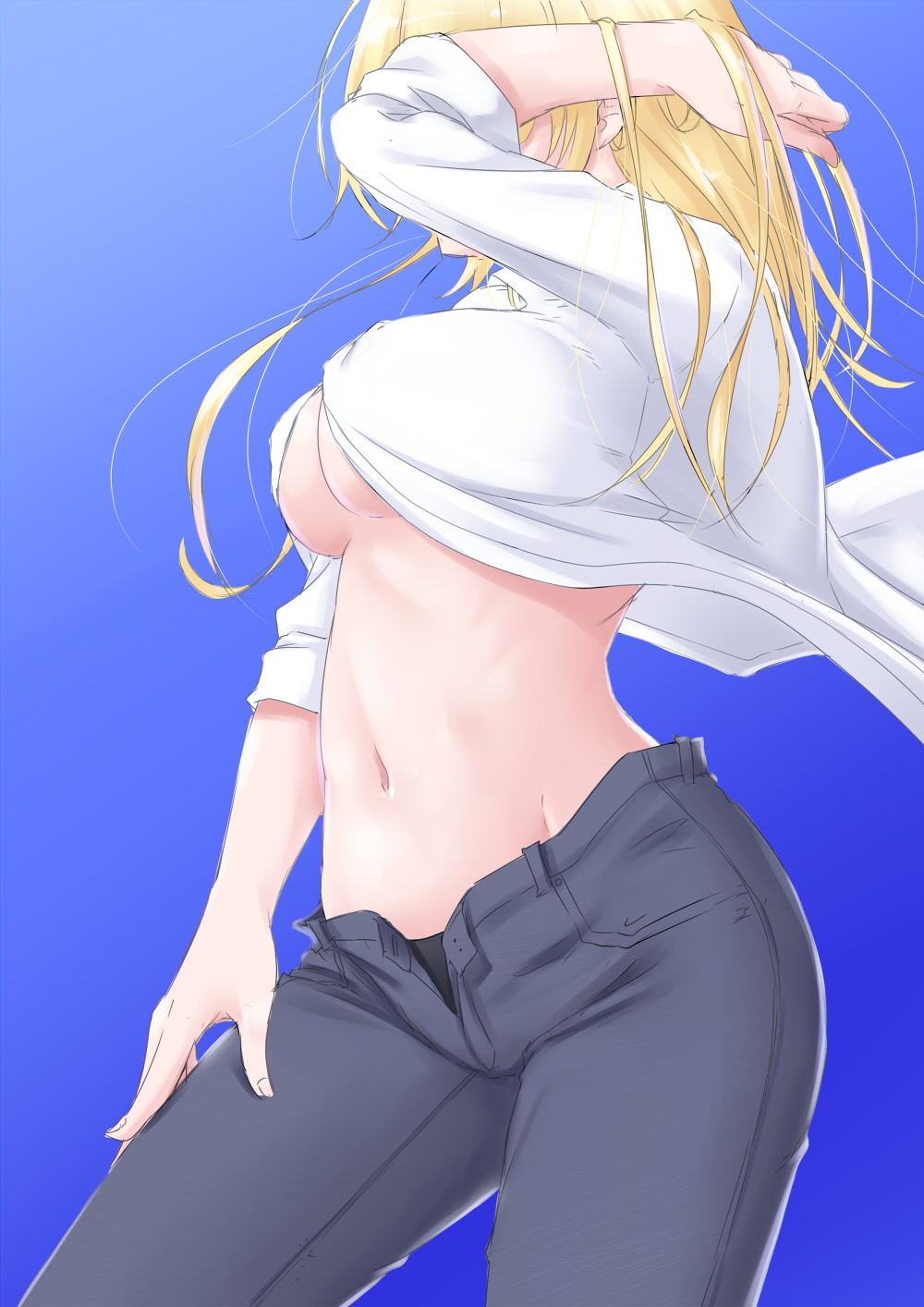 1girl black_panties blonde_hair blue_background breasts center_opening commentary_request covered_face cowboy_shot denim gradient gradient_background groin hand_in_hair hand_on_own_thigh highres jeans large_breasts midriff navel niwatazumi open_clothes open_fly open_shirt original panties pants shirt sleeves_rolled_up solo underboob underwear white_shirt wind wind_lift