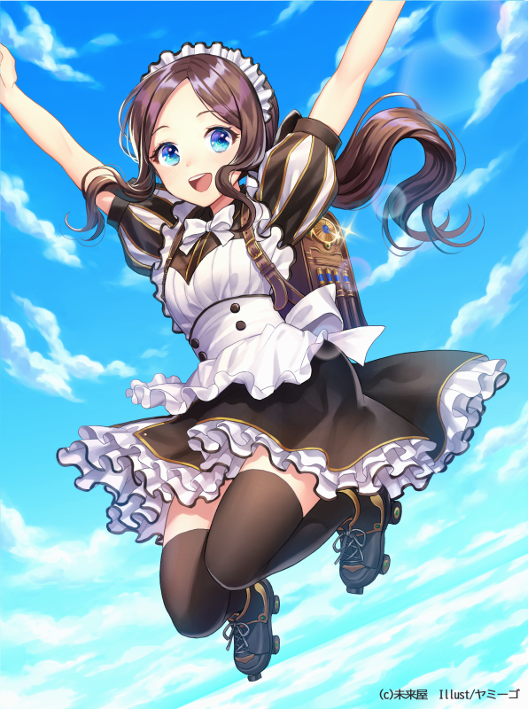 1girl apron arms_up artist_name backpack bag bangs black_footwear black_legwear black_skirt blue_eyes blue_sky blush bow bowtie brown_hair child cloud commentary_request day fate/grand_order fate_(series) frilled_skirt frills glint inline_skates jumping lens_flare leonardo_da_vinci_(fate/grand_order) looking_at_viewer maid maid_headdress midair outdoors parted_bangs puffy_short_sleeves puffy_sleeves randoseru roller_skates round_teeth short_sleeves skates skirt sky solo teeth thighhighs upper_teeth white_apron white_bow white_neckwear yamyom