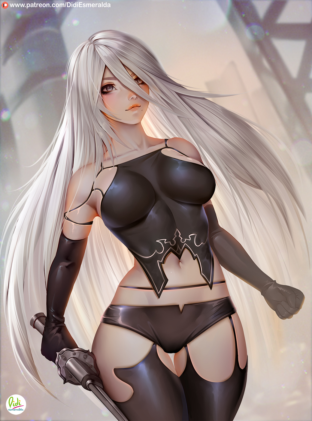 1girl android bare_shoulders black_gloves black_shorts blue_eyes breasts cowboy_shot crop_top didi_esmeralda elbow_gloves english_commentary gloves hair_between_eyes highres holding holding_sword holding_weapon long_hair medium_breasts mole mole_under_mouth navel nier_(series) nier_automata robot_joints shorts silver_hair solo sword thigh_gap very_long_hair weapon yorha_type_a_no._2