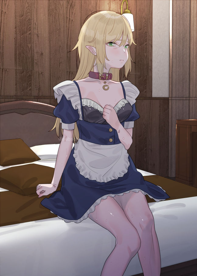 1girl apron bangs bed blonde_hair blush breasts collar elf green_eyes indoors long_hair looking_at_viewer maid_apron original pillow pointy_ears sitting solo subachi sweat