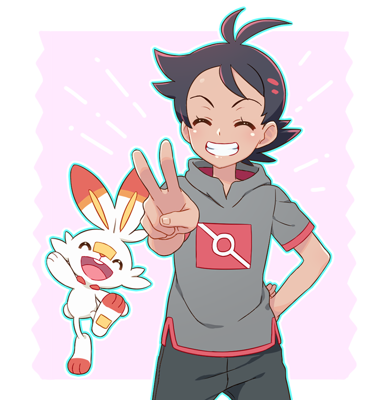 1boy arm_behind_back black_hair black_pants closed_eyes dark_skin dark_skinned_male emphasis_lines gen_8_pokemon gou_(pokemon) grey_shirt grin hand_gesture jumping okaohito1 pants pink_background pokemon pokemon_(anime) pokemon_(creature) pokemon_swsh_(anime) pose scorbunny shirt smile spiked_hair teeth v |d