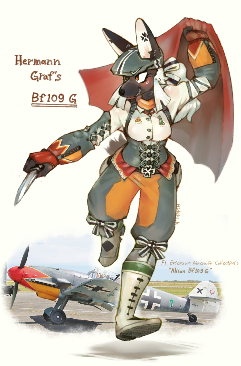 2018 aircraft anthro bf_109 bf_109_(hideki_kaneda) bf_109_g black_body black_fur breasts brown_body brown_eyes brown_fur canid canine canis clothed clothing domestic_dog english_text female fur hair hat headgear headwear hi_res hideki_kaneda holding_object knife mammal messerschmitt real running smile solo text white_hair