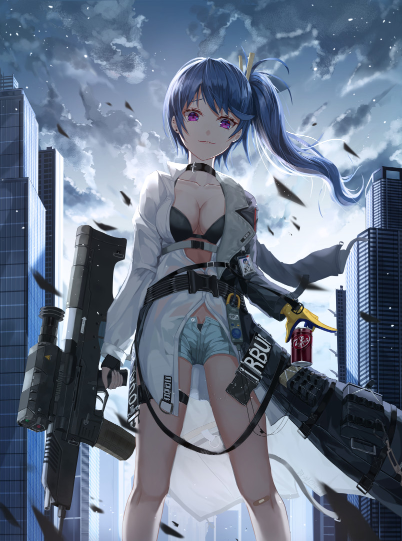 1girl assault_rifle asymmetrical_gloves bandage_on_knee bare_legs black_bra black_choker black_panties blue_hair blue_shorts bra breasts building can choker cleavage cloud cloudy_sky coat dr_pepper fingerless_gloves girls_frontline gloves gun holding holding_can holding_weapon ihan jacket k11_(girls_frontline) looking_at_viewer looking_down medium_breasts open_clothes open_jacket outdoors panties panty_peek purple_eyes rifle short_shorts shorts side_ponytail sky skyscraper smile soda soda_can solo thigh_strap underwear weapon white_coat white_jacket