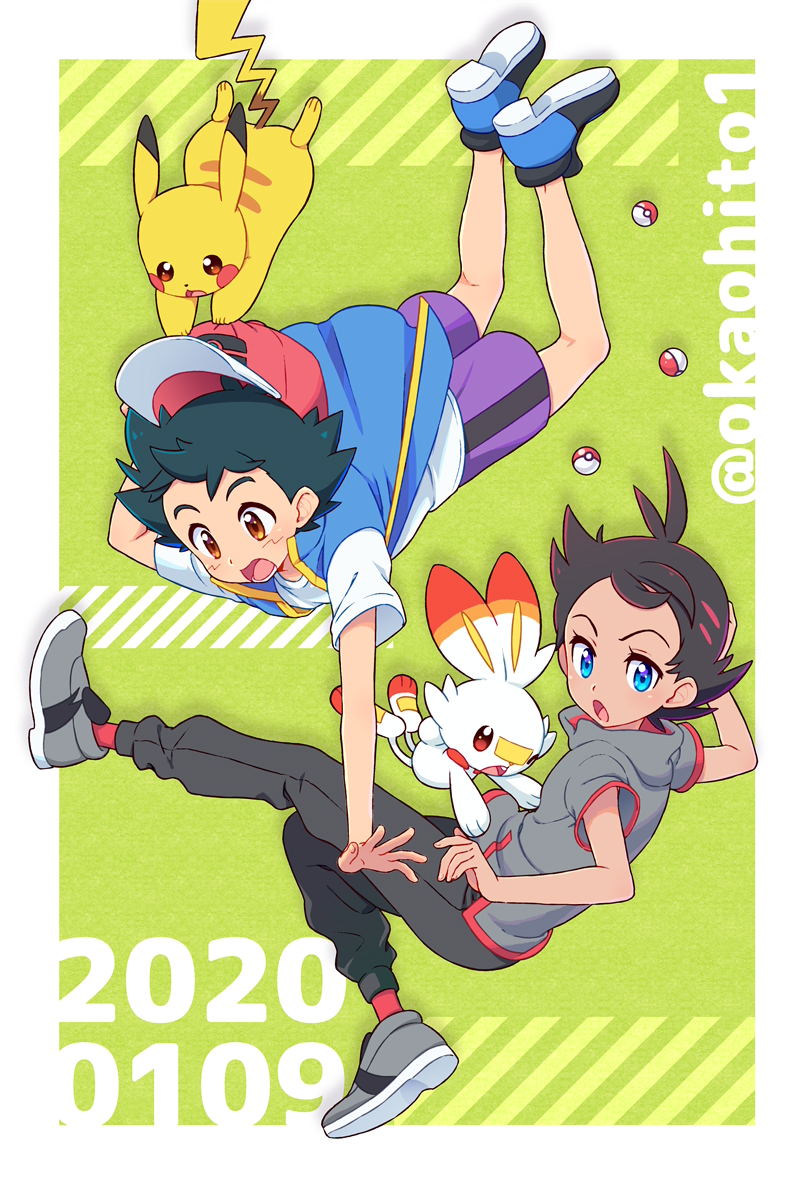 2019 2020 2boys artist_name baseball_cap black_hair black_pants blue_eyes blue_footwear blue_vest brown_eyes dark_skin dark_skinned_male falling gen_1_pokemon gen_8_pokemon gou_(pokemon) green_background grey_footwear grey_shirt hat holding holding_hat looking_down lower_teeth multiple_boys okaohito1 open_mouth pants pikachu poke_ball poke_ball_(generic) pokemon pokemon_(anime) pokemon_(creature) pokemon_swsh_(anime) purple_shorts red_legwear satoshi_(pokemon) scorbunny shirt shoes short_sleeves shorts sneakers socks spiked_hair twitter_username vest white_shirt