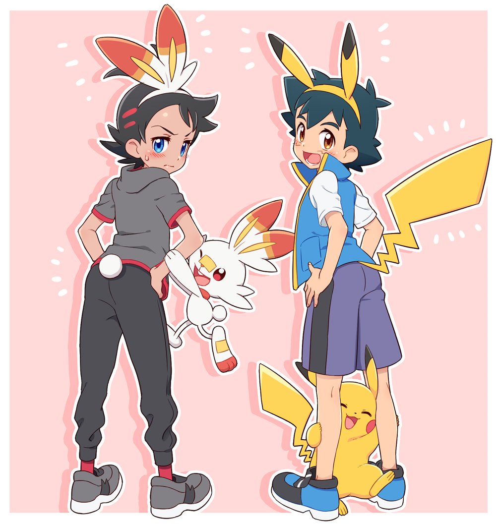 2boys animal_ears black_hair black_pants blue_footwear blue_shorts blue_vest blush bunny_ears bunny_tail commentary dark_skin dark_skinned_male embarrassed emphasis_lines from_behind full_body gen_1_pokemon gen_8_pokemon gou_(pokemon) grey_footwear grey_shirt holding_another's_arm leg_hug looking_at_viewer lower_teeth multiple_boys okaohito1 open_mouth pants pikachu pikachu_ears pikachu_tail pink_background pokemon pokemon_(anime) pokemon_(creature) pokemon_ears pokemon_swsh_(anime) satoshi_(pokemon) scorpion_tail shirt shoes shorts simple_background sneakers spiked_hair sweat tail vest white_shirt