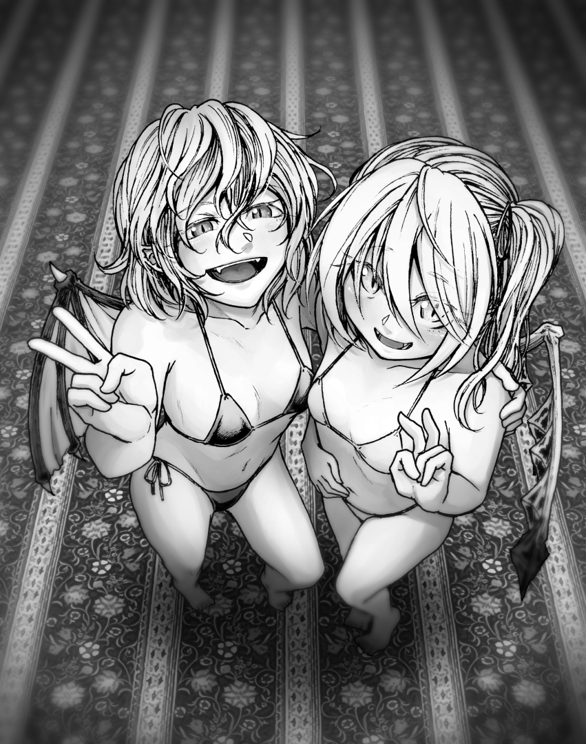 2girls arm_around_shoulder bangs bare_arms bare_legs bare_shoulders barefoot bat_wings bikini breasts carpet collarbone commentary_request crystal eyebrows_visible_through_hair eyelashes eyes_visible_through_hair fangs flandre_scarlet from_above full_body greyscale hair_between_eyes hair_ribbon half-closed_eyes hand_on_another's_shoulder hand_on_own_stomach hand_up hat indoors koyubi_(littlefinger1988) looking_at_viewer looking_up medium_hair micro_bikini monochrome multiple_girls open_mouth pointy_ears remilia_scarlet ribbon siblings side-by-side side-tie_bikini side-tie_bottom side_ponytail sisters slit_pupils small_breasts smile standing swimsuit touhou v vampire wings