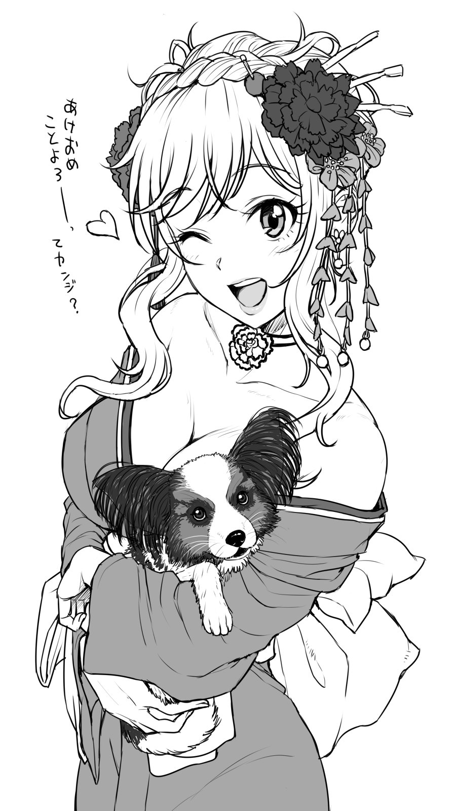 1girl bare_shoulders breasts cleavage collarbone dog flower greyscale hair_bun hair_flower hair_ornament highres idolmaster idolmaster_cinderella_girls japanese_clothes jewelry kimono large_breasts monochrome neck_ring nigou one_eye_closed ootsuki_yui open_mouth smile solo teeth