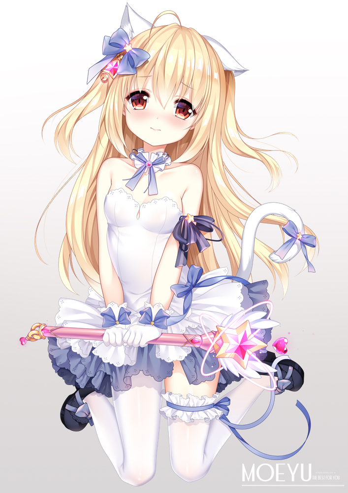 1girl ahoge animal_ear_fluff animal_ears asymmetrical_legwear bangs black_footwear blonde_hair blue_bow blush bow breasts cat_ears cat_girl cat_tail closed_mouth commentary_request dress eyebrows_visible_through_hair full_body gloves glowing gradient gradient_background grey_background hair_between_eyes hair_bow holding holding_wand long_hair nose_blush original pantyhose red_eyes shoes single_leg_pantyhose small_breasts solo star strapless strapless_dress tail tail_bow thighhighs two_side_up verjuice very_long_hair wand white_background white_dress white_gloves white_legwear