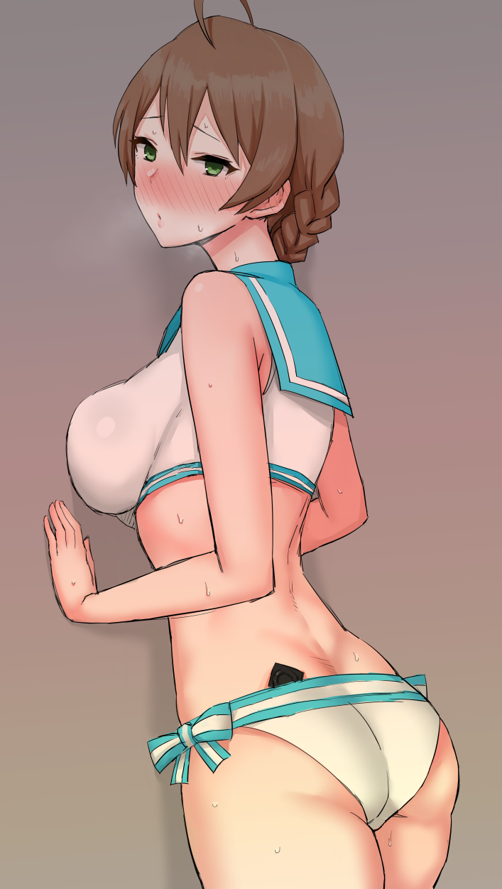 1girl against_wall ahoge ass back blush braid breasts brown_hair character_request condom_wrapper go-m green_eyes highres idolmaster long_hair looking_at_viewer sailor_swimsuit_(idolmaster) solo sweat