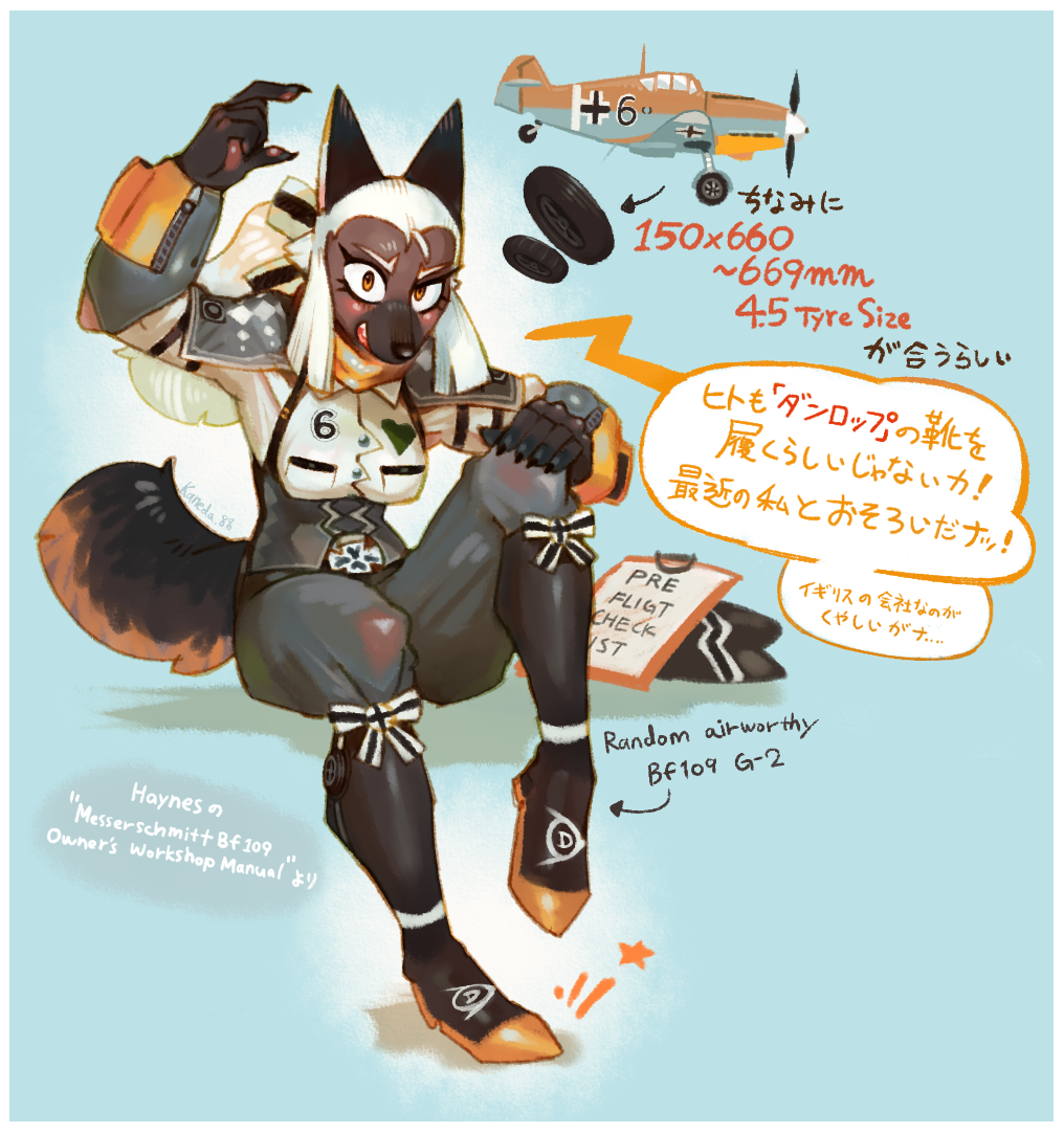 2019 5_fingers aircraft anthro bf_109 bf_109_(hideki_kaneda) biped black_body black_fur bow_tie breasts brown_body brown_eyes brown_fur canid canine canis clipboard clothed clothing domestic_dog english_text female fingers fluffy fluffy_tail fur hair hideki_kaneda japanese_text looking_at_viewer mammal messerschmitt open_mouth simple_background sitting solo text translation_request white_hair