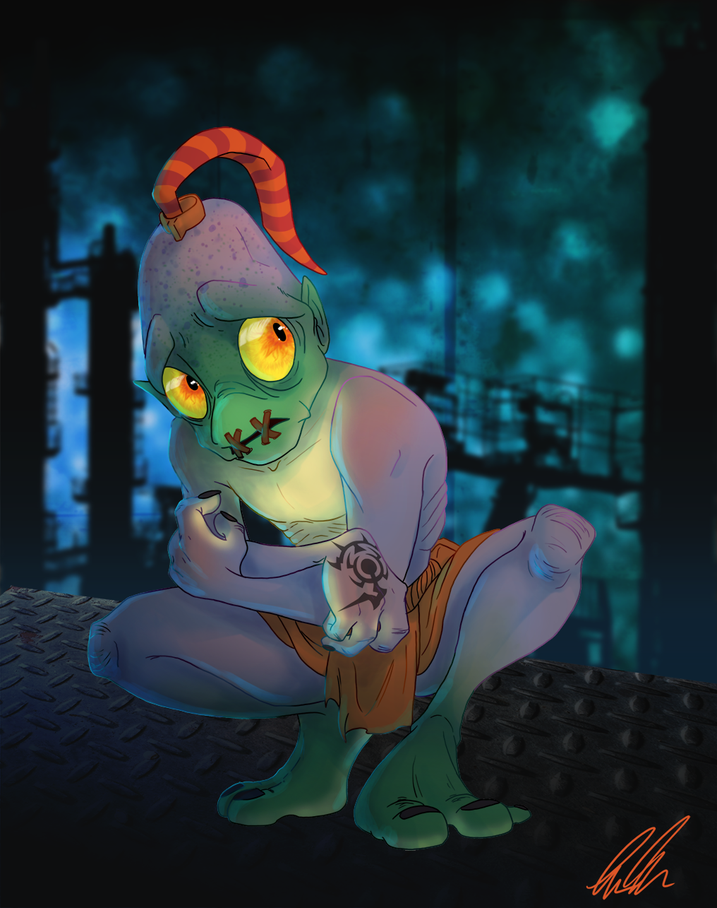 2015 3_toes 4_fingers abe_(oddworld) alien biped c-puff clothed clothing digital_drawing_(artwork) digital_media_(artwork) fingers green_body hair hi_res humanoid long_hair male mammal mudokon multicolored_body multicolored_eyes not_furry oddworld open_mouth orange_hair ponytail purple_body sewn_mouth solo stitch_(disambiguation) tattoo toes topless two_tone_body two_tone_eyes video_games yellow_eyes