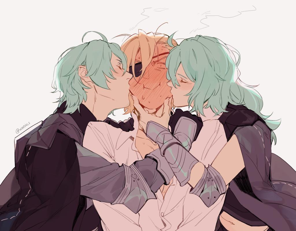 1girl 2boys :&gt; armor bisexual_(male) blonde_hair blush byleth_(fire_emblem) byleth_(fire_emblem)_(female) byleth_(fire_emblem)_(male) cheek_kiss closed_eyes dimitri_alexandre_blaiddyd double_cheek_kiss embarrassed eyepatch fire_emblem fire_emblem:_three_houses full-face_blush gloves green_hair grey_background hair_over_one_eye hand_on_another's_chin kiss multiple_boys sandwiched shirt simple_background steam twitter_username upper_body white_shirt worvies