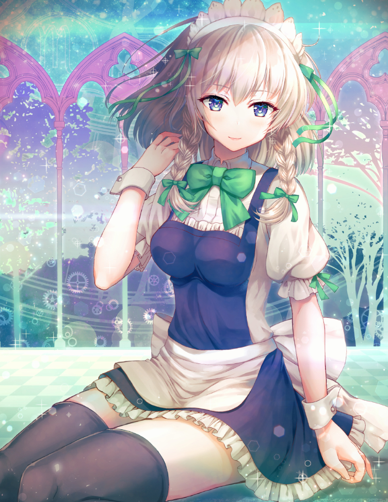 1girl apron bangs black_legwear blue_dress blue_eyes blush bow bowtie braid breasts commentary_request dress eyebrows_visible_through_hair frilled_apron frills green_bow green_neckwear green_ribbon hair_between_eyes hair_bow hair_ribbon hand_up izayoi_sakuya looking_at_viewer maid maid_apron maid_headdress medium_breasts petticoat puffy_short_sleeves puffy_sleeves ribbon shirt short_dress short_hair short_sleeves silver_hair sitting smile solo thighhighs thighs touhou twin_braids vesper_(pixiv3568) waist_apron white_apron white_shirt wrist_cuffs zettai_ryouiki