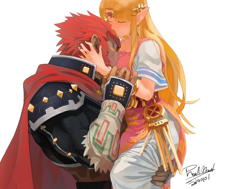 2019 a_link_between_worlds blonde_hair bochiden cape clothed clothing digital_media_(artwork) duo female ganondorf gerudo hair humanoid humanoid_pointy_ears hylian long_hair male male/female mammal nintendo not_furry ocarina_of_time princess_zelda red_hair simple_background the_legend_of_zelda video_games
