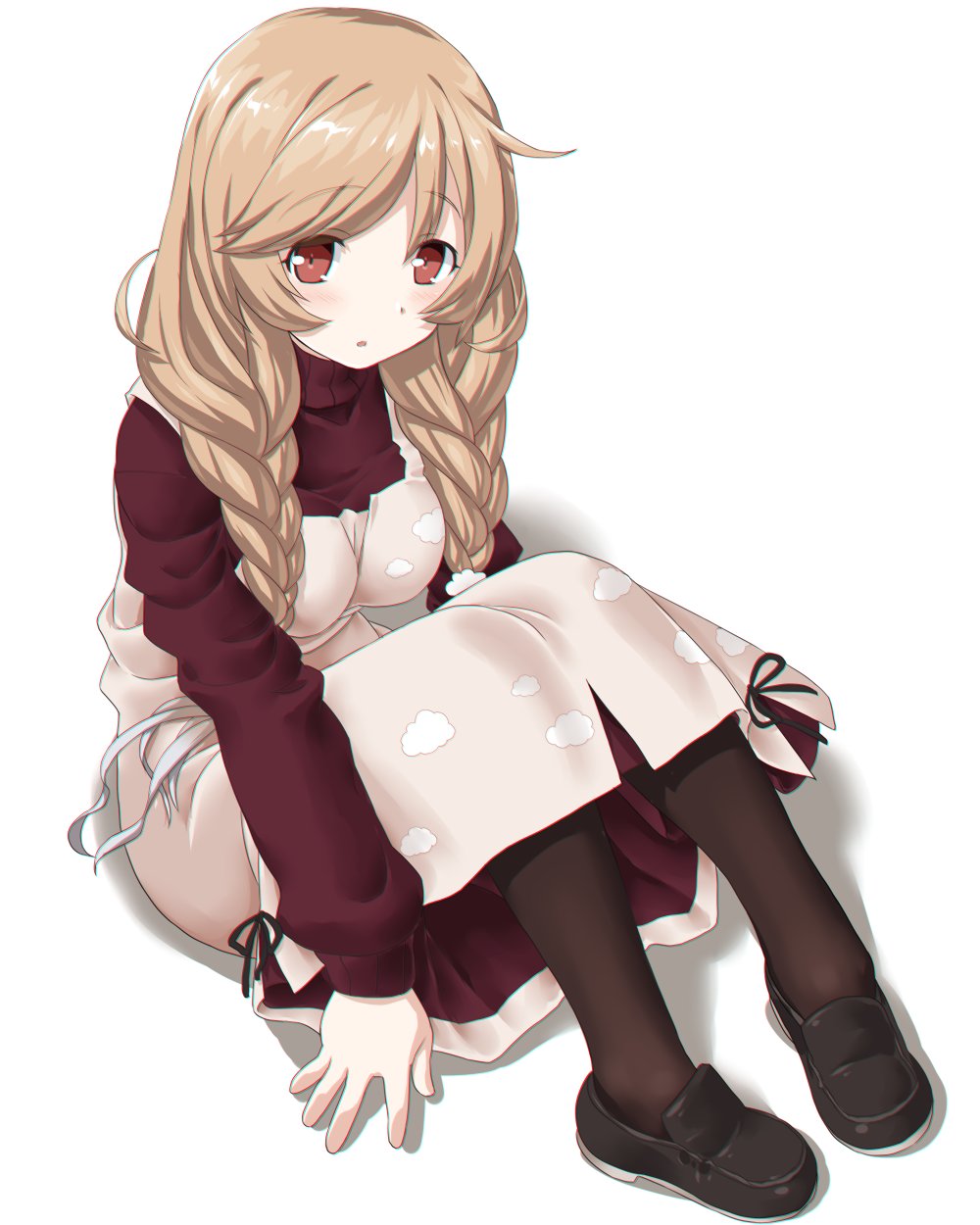 1girl bangs black_footwear black_legwear braid cloud_print commentary dd_(ijigendd) dress eyebrows_visible_through_hair highres kantai_collection light_brown_hair loafers long_hair long_sleeves looking_at_viewer low_twin_braids minegumo_(kantai_collection) pantyhose print_dress red_eyes red_sweater shoes simple_background sitting sleeveless sleeveless_dress solo sweater turtleneck turtleneck_sweater twin_braids white_background