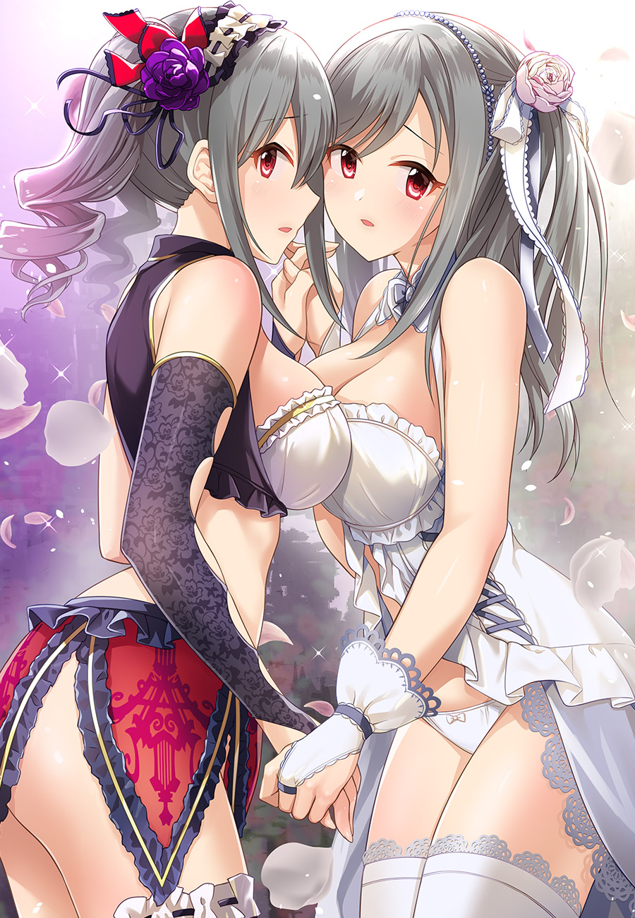 2girls :0 bangs blush bow bow_panties breast_press breasts cleavage crop_top cross-laced_clothes drill_hair elbow_gloves fingerless_gloves floral_print flower frill_trim from_side gloves grey_hair hair_flower hair_ornament hair_over_shoulder hair_ribbon half_gloves headdress highres holding_hands idolmaster idolmaster_cinderella_girls kanzaki_ranko kazu lace lace-trimmed_legwear lace_trim lingerie long_hair looking_at_viewer medium_breasts multiple_girls negligee open_mouth panties petals pink_bow red_eyes ribbon ribbon-trimmed_legwear ribbon_trim short_hair sleeveless symmetrical_docking thighhighs twin_drills underwear white_gloves white_legwear white_panties