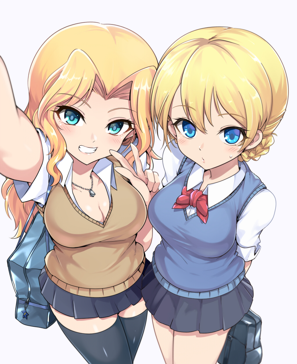 2girls alternate_costume arm_up arms_behind_back bag bangs black_legwear black_skirt blonde_hair blue_eyes blue_sweater bow bowtie braid breasts brown_sweater carrying cleavage collared_shirt commentary cowboy_shot darjeeling_(girls_und_panzer) eyebrows_visible_through_hair girls_und_panzer grin hair_intakes head_tilt highres holding holding_bag jewelry kasai_shin kay_(girls_und_panzer) large_breasts light_blush long_hair looking_at_viewer miniskirt multiple_girls necklace object_behind_back parted_lips pleated_skirt red_neckwear school_bag self_shot shirt short_hair short_sleeves simple_background skirt smile standing sweatdrop sweater sweater_vest thighhighs tied_hair twin_braids v-neck w white_background white_shirt wing_collar