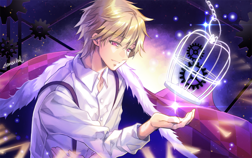 1boy artist_name blonde_hair cage cape clock_zero elemental gears light_smile male_focus pink_eyes shirt solo sparkle suspenders upper_body white_shirt