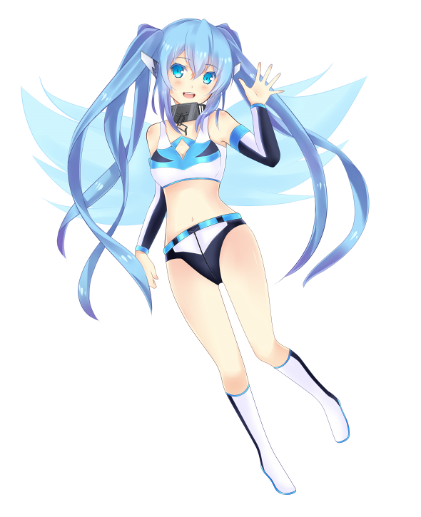 1girl alternate_costume bangs belt blue_eyes blue_hair blue_wings boots breasts chain cleavage detached_sleeves eyebrows_visible_through_hair floating_hair froznkamui full_body hair_between_eyes knee_boots long_hair long_sleeves looking_at_viewer micro_shorts midriff navel nymph_(sora_no_otoshimono) outstretched_hand shiny shiny_hair shiny_skin shorts small_breasts solo sora_no_otoshimono stomach transparent_background twintails very_long_hair waving white_footwear wings