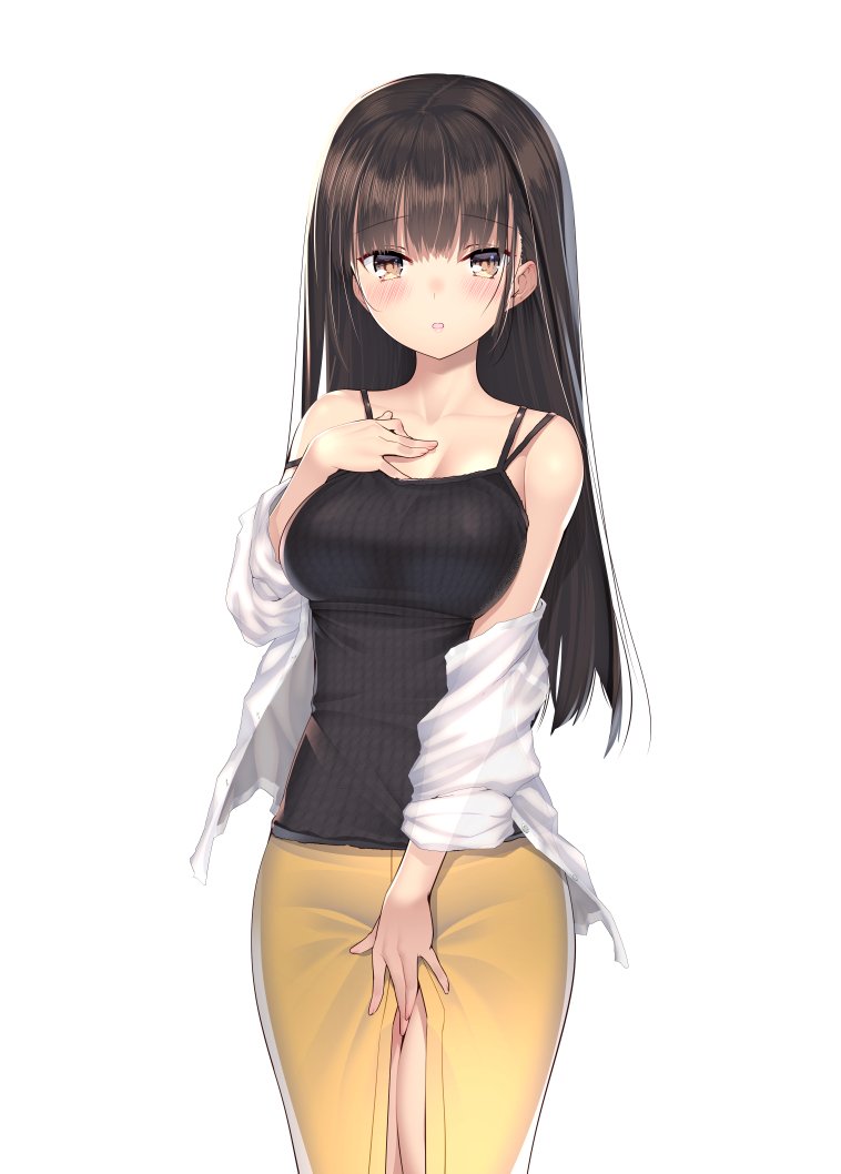 1girl bangs blush breasts brown_eyes brown_hair camisole cleavage coffee_cat commentary_request cowboy_shot eyebrows_visible_through_hair hand_on_own_chest hand_on_own_thigh large_breasts long_hair long_skirt looking_at_viewer off_shoulder original parted_lips simple_background skirt solo strap_slip white_background