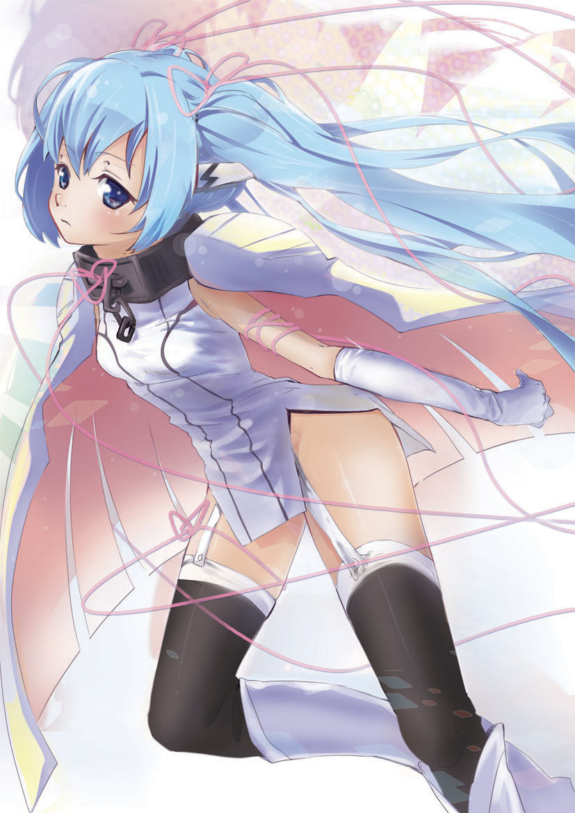1girl arm_ribbon bangs black_footwear blue_eyes blue_hair boots cape closed_mouth dress elbow_gloves floating_hair frown garter_straps gloves groin hair_between_eyes hair_ribbon knee_boots long_hair neck_ribbon nymph_(sora_no_otoshimono) pink_ribbon ribbon shiny shiny_hair shiny_skin short_dress side_slit solo sora_no_otoshimono thigh_boots thighhighs twintails very_long_hair watery_s white_background white_cape white_dress white_footwear white_gloves