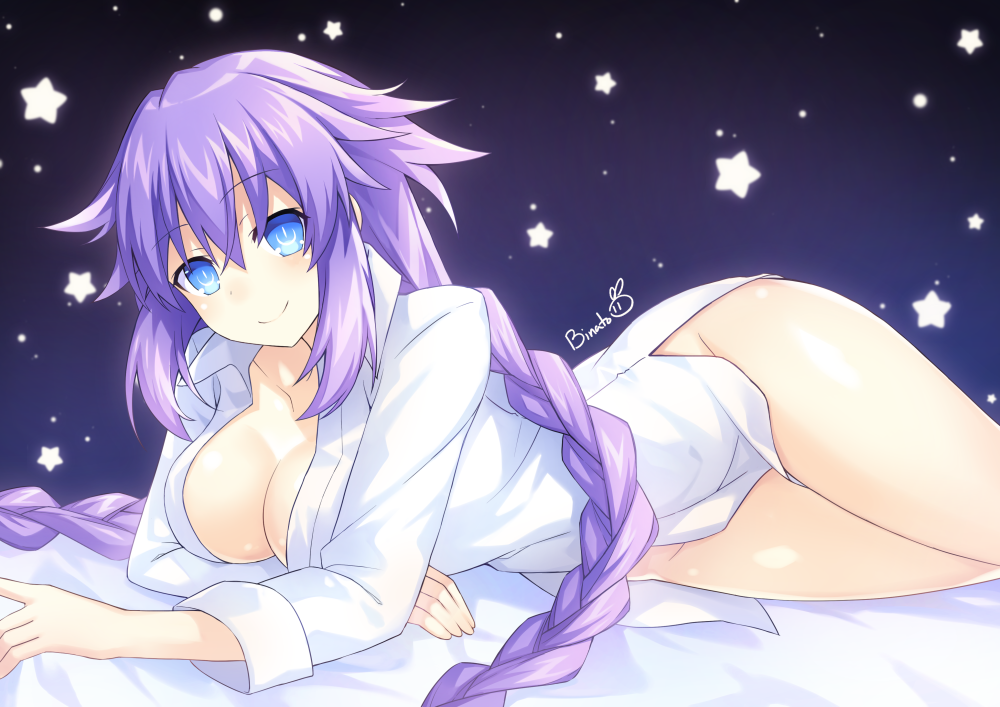 1girl arm_rest artist_name bed_sheet binato_lulu blue_eyes braid breasts cleavage commentary_request eyebrows_visible_through_hair hair_between_eyes hair_flaps large_breasts long_hair long_sleeves looking_at_viewer lying naked_shirt neptune_(series) no_panties on_stomach power_symbol purple_hair purple_heart shirt sidelocks smile star symbol-shaped_pupils twin_braids white_shirt