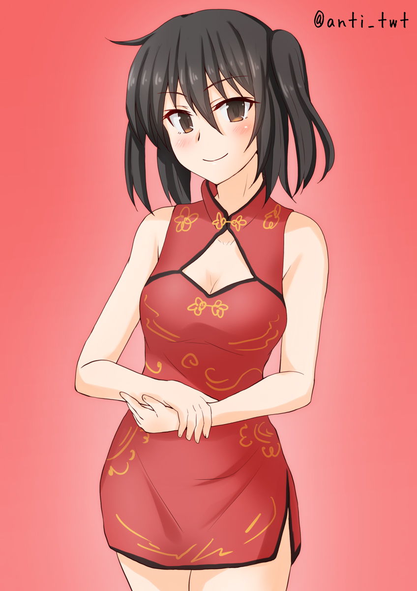 1girl alternate_costume anti_(untea9) black_hair breasts brown_eyes china_dress chinese_clothes cleavage cleavage_cutout commentary_request cowboy_shot dress gradient gradient_background highres kantai_collection looking_at_viewer medium_breasts red_background sendai_(kantai_collection) smile solo twitter_username two_side_up