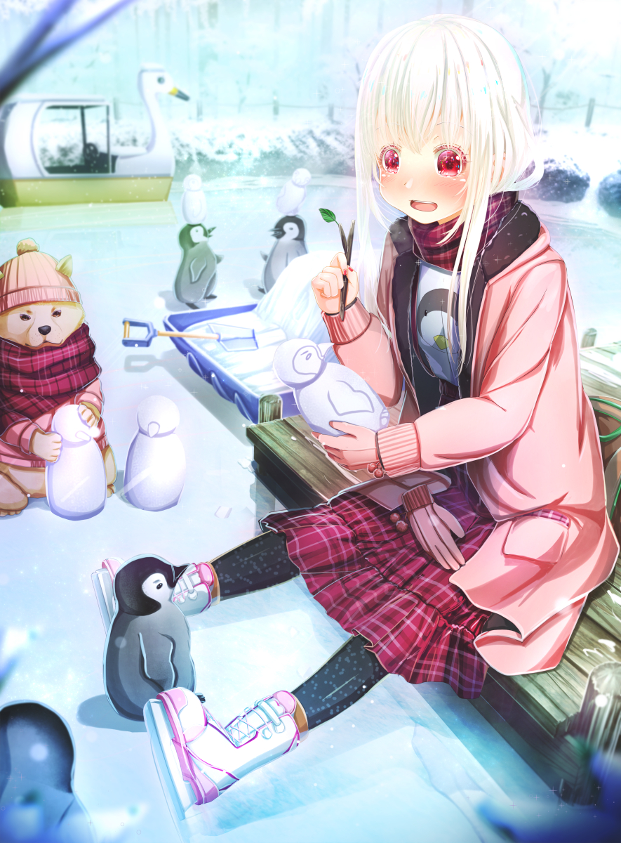 1girl :d abo_(kawatasyunnnosukesabu) animal bangs bird black_legwear blush boots clothed_animal commentary_request day dock dog frozen_lake gloves gloves_removed highres holding_stick long_hair long_scarf long_sleeves open_mouth original outdoors panties penguin pink_coat pink_headwear plaid plaid_scarf plaid_skirt pom_pom_(clothes) red_eyes red_scarf red_skirt scarf shovel sitting skirt smile snow solo stick swan_boat underwear white_footwear white_hair winter