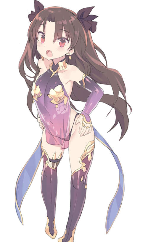 1girl :o bangs bare_shoulders black_panties blade_(galaxist) blush boots brown_hair brown_ribbon collarbone cosplay detached_sleeves dress earrings eyebrows_visible_through_hair fate/grand_order fate_(series) full_body hair_ribbon hands_on_hips ishtar_(fate)_(all) ishtar_(fate/grand_order) jewelry kama_(fate/grand_order) kama_(fate/grand_order)_(cosplay) long_hair long_sleeves looking_at_viewer open_mouth panties parted_bangs purple_dress purple_footwear purple_legwear purple_sleeves red_eyes ribbon see-through simple_background sleeveless sleeveless_dress sleeves_past_wrists solo standing thigh_boots thighhighs two_side_up underwear very_long_hair white_background younger