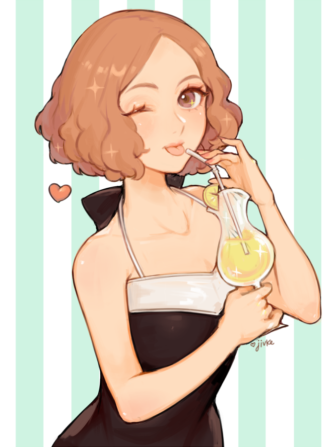 1girl artist_name black_swimsuit brown_eyes brown_hair cup drinking_glass drinking_straw food fruit heart jivke lemon lemon_slice okumura_haru one_eye_closed persona persona_5 persona_5_scramble:_the_phantom_strikers puckered_lips solo sparkle sparkling_eyes striped striped_background swimsuit tongue tongue_out vertical-striped_background vertical_stripes