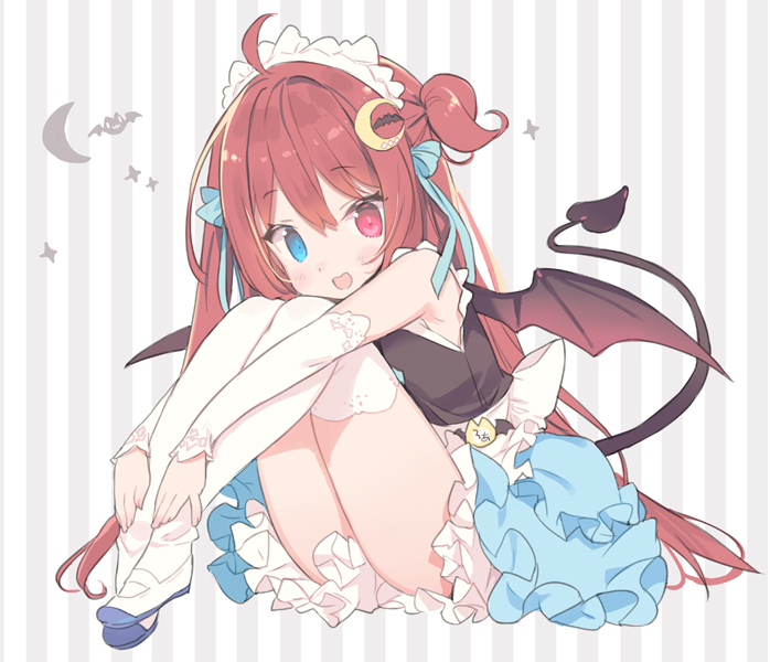 1girl :d ahoge apron black_vest black_wings blade_(galaxist) blue_eyes blue_skirt blush crescent crescent_hair_ornament demon_girl demon_tail demon_wings detached_sleeves fingernails frilled_apron frilled_skirt frills full_body hair_ornament heterochromia knees_up layered_skirt long_hair long_sleeves maid_headdress nijisanji open_mouth outstretched_arm red_eyes red_hair shirt shoes sitting skirt sleeveless sleeveless_shirt sleeves_past_wrists smile solo sparkle striped striped_background tail tail_raised thighhighs two_side_up vertical-striped_background vertical_stripes very_long_hair vest virtual_youtuber waist_apron white_apron white_footwear white_legwear white_shirt white_sleeves wings yuzuki_roa