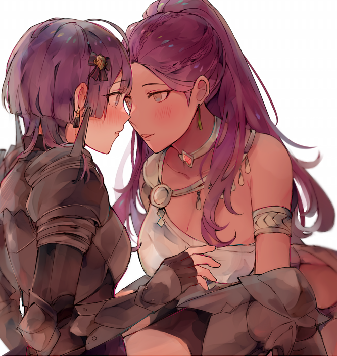 2girls armlet armor bernadetta_von_varley blush breasts choker cleavage dancer dark_skin dress earrings fingerless_gloves fire_emblem fire_emblem:_three_houses gloves grey_eyes hair_ornament jewelry kvlen long_hair multiple_girls parted_lips petra_macneary ponytail purple_hair simple_background white_background yuri