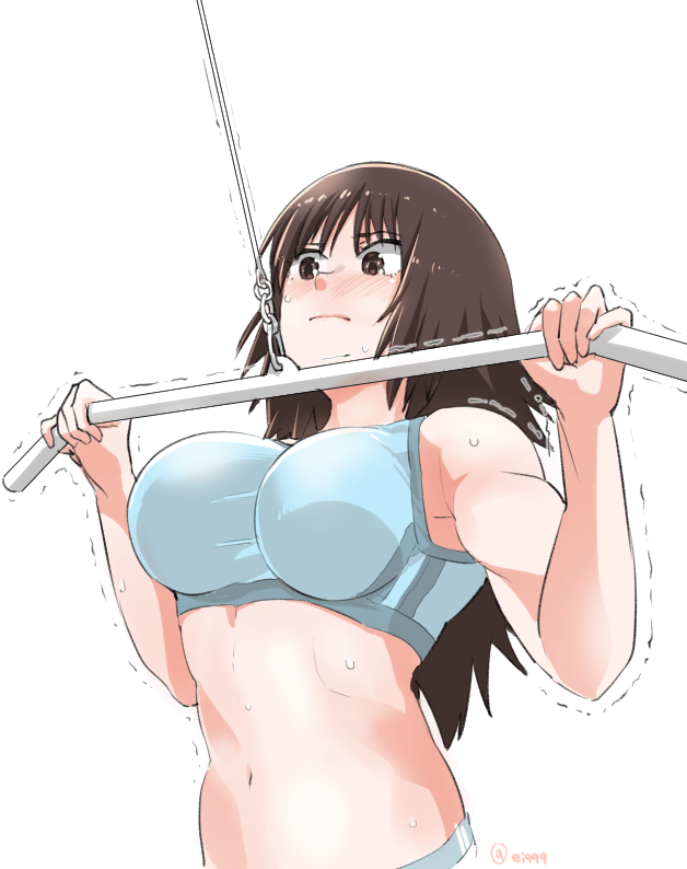 1girl bangs black_eyes black_hair blue_sports_bra blush breasts closed_mouth commentary ei_(akinosakae) frown girls_und_panzer large_breasts long_hair murakami_(girls_und_panzer) muscle muscular_female navel simple_background solo sports_bra standing sweat trembling twitter_username upper_body weightlifting white_background