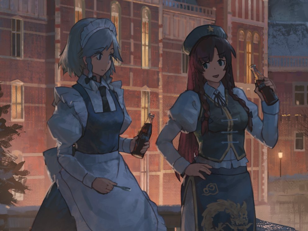2girls apron beret blue_eyes bottle braid building chinese_clothes cola eyebrows_visible_through_hair glass_bottle green_headwear hat holding holding_bottle holding_drink holding_spoon hong_meiling izayoi_sakuya long_hair long_sleeves looking_at_another maid maid_apron maid_headdress mansion mikado_(winters) multiple_girls night outdoors puffy_sleeves red_hair scarlet_devil_mansion short_hair smile soda soda_bottle soft_drink spoon touhou twin_braids white_hair