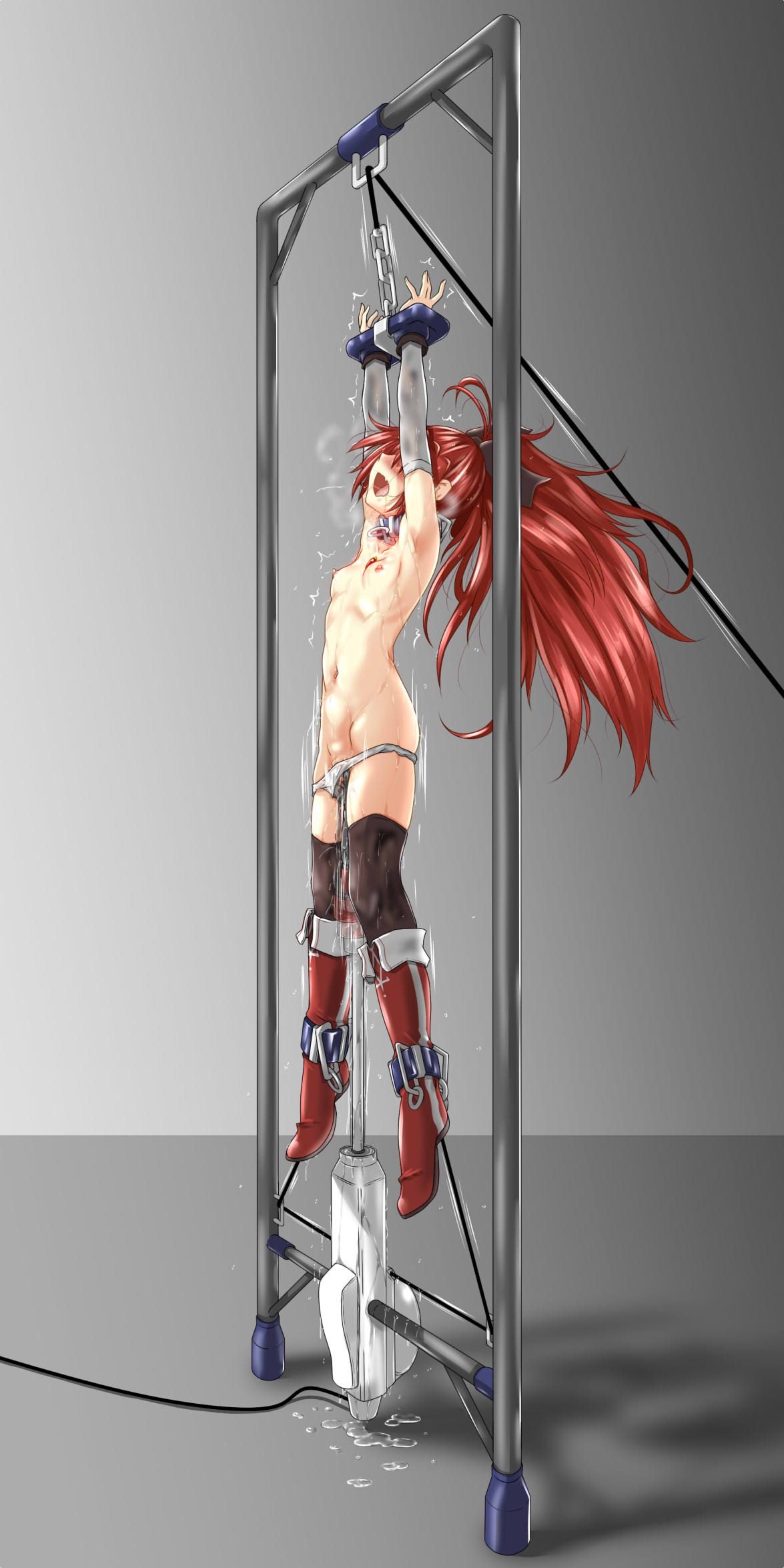 1girl ankle_cuffs bdsm black_legwear boots bound bound_wrists breasts censored collar cuffs detached_sleeves eyebrows_visible_through_hair full_body fumihiro head_back highres long_hair magical_girl mahou_shoujo_madoka_magica nipples nude object_insertion open_mouth panties panty_pull ponytail red_footwear red_hair restrained sakura_kyouko saliva screaming sex_machine small_breasts solo soul_gem stationary_restraints sweat thighhighs underwear upright_restraints