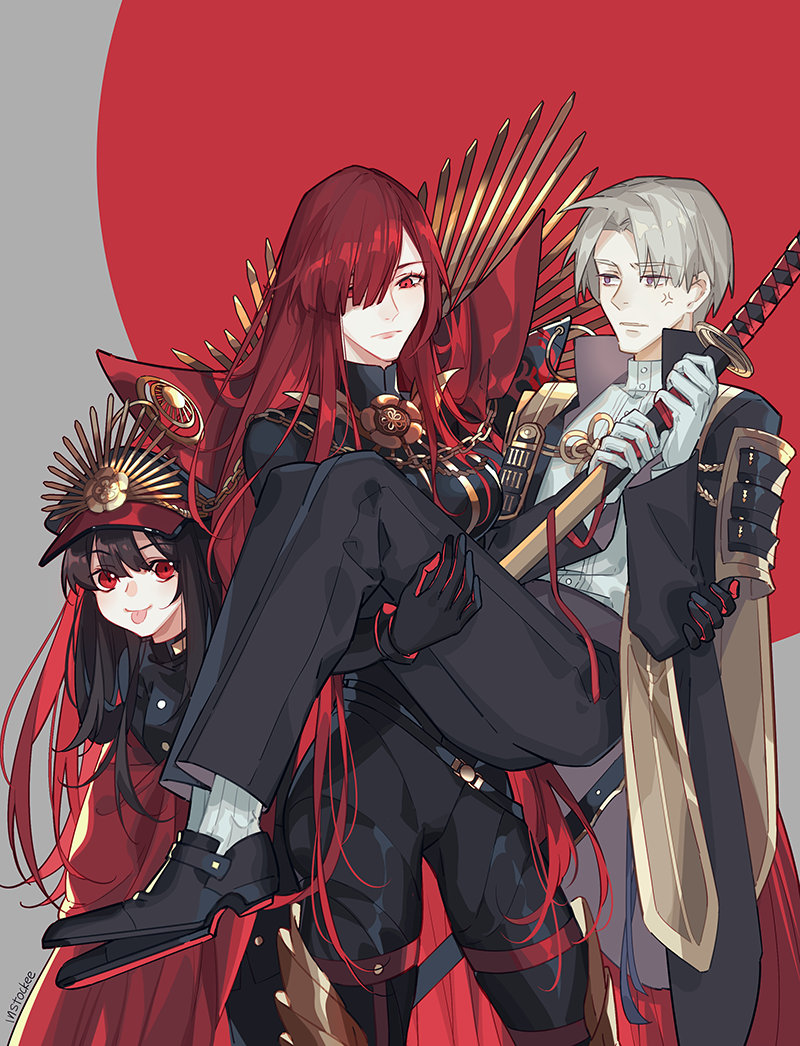 1boy 2girls :p anger_vein armor black_gloves black_hair brown_hair cape carrying crossover dual_persona fate/grand_order fate_(series) gloves hair_over_one_eye hat heshikiri_hasebe instocklee japanese_armor katana koha-ace long_hair multiple_girls oda_nobunaga_(fate) oda_nobunaga_(fate)_(all) oda_nobunaga_(maou_avenger)_(fate) princess_carry purple_eyes red_eyes red_hair shako_cap sheath sheathed shoulder_armor sode sword tongue tongue_out touken_ranbu very_long_hair weapon white_gloves