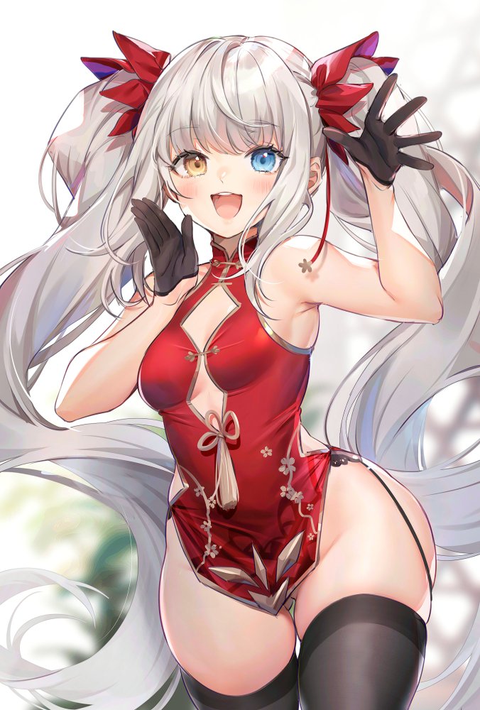 1girl armpits blush breasts china_dress chinese_clothes dress gloves hair_ornament heterochromia kagura_mea kagura_mea_channel long_hair looking_at_viewer mamemena medium_breasts open_mouth simple_background solo thighhighs twintails virtual_youtuber white_background