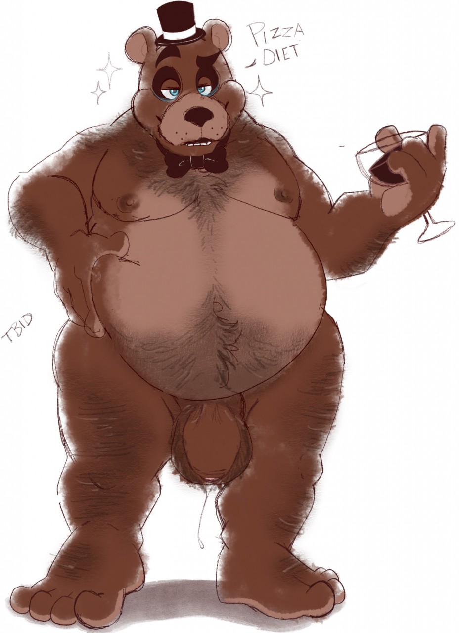 2018 anthro ball_hair balls belly belly_grab big_belly biped blue_eyes bodily_fluids body_hair bow_tie brown_body brown_fur celestial chest_hair clothing dialogue digital_media_(artwork) english_text five_nights_at_freddy's foreskin freddy_(fnaf) fur genital_fluids genitals hairy hat headgear headwear hi_res humanoid_penis male mammal moobs navel nipples nude overweight overweight_male penis precum pubes simple_background smile solo teeth text toes uncut unretracted_foreskin ursid video_games wine_glass