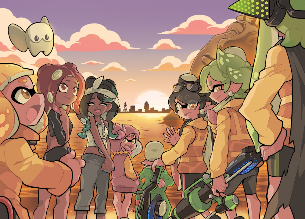+_+ 1boy 6+girls bamboozler_14_(splatoon) bangs bike_shorts black_cape black_hair black_shirt black_shorts black_skirt blonde_hair blunt_bangs brown_eyes cape capri_pants chain cityscape closed_eyes closed_mouth cloud cloudy_sky commander_atarime commentary cousins dark_skin domino_mask dress earrings english_commentary eyebrows_visible_through_hair eyewear_on_head face_mask fangs gradient_hair grandfather_and_granddaughter green_hair grey_hair grey_pants hands_in_pockets headband headgear hero_charger_(splatoon) hero_roller_(splatoon) holding holding_weapon hood hood_down hood_up hoodie hoodie_dress jacket jewelry lake long_hair long_sleeves looking_at_viewer looking_back mask midriff miniskirt mole mole_under_eye mole_under_mouth multicolored_hair multiple_girls octarian octoling open_mouth pants pencil_skirt pendant pink_dress pink_hair pointy_ears purple_sky shirt short_dress short_hair shorts single_vertical_stripe skirt sky smile splatoon_(series) splatoon_2 splatoon_2:_octo_expansion statue suction_cups sunglasses sunset tank_top tentacle_hair vest waving weapon white_headband white_shirt wong_ying_chee yellow_jacket yellow_vest