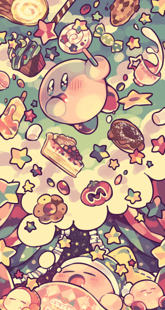 cake candy cup curtains dreaming food kirby kirby's_dream_land kirby_(series) lollipop maru_(umc_a) maxim_tomato no_humans popsicle sleeping star thought_bubble