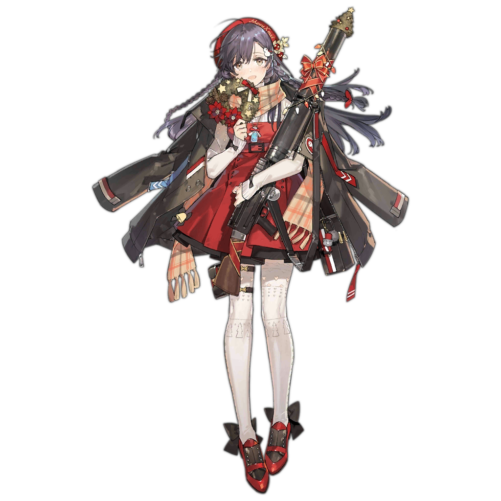 1girl alternate_costume arm_up bangs belt belt_buckle black_jacket blush braid brown_eyes buckle christmas christmas_tree dress english_text full_body girls_frontline grey_hair gun hair_between_eyes hair_ornament hat heart holding holding_gun holding_weapon jacket lewis_(girls_frontline) lewis_gun long_hair long_sleeves looking_at_viewer machine_gun merry_christmas official_art open_mouth red_dress red_headwear scarf shoes smile solo standing starshadowmagician strap thigh_strap thighhighs transparent_background weapon white_legwear