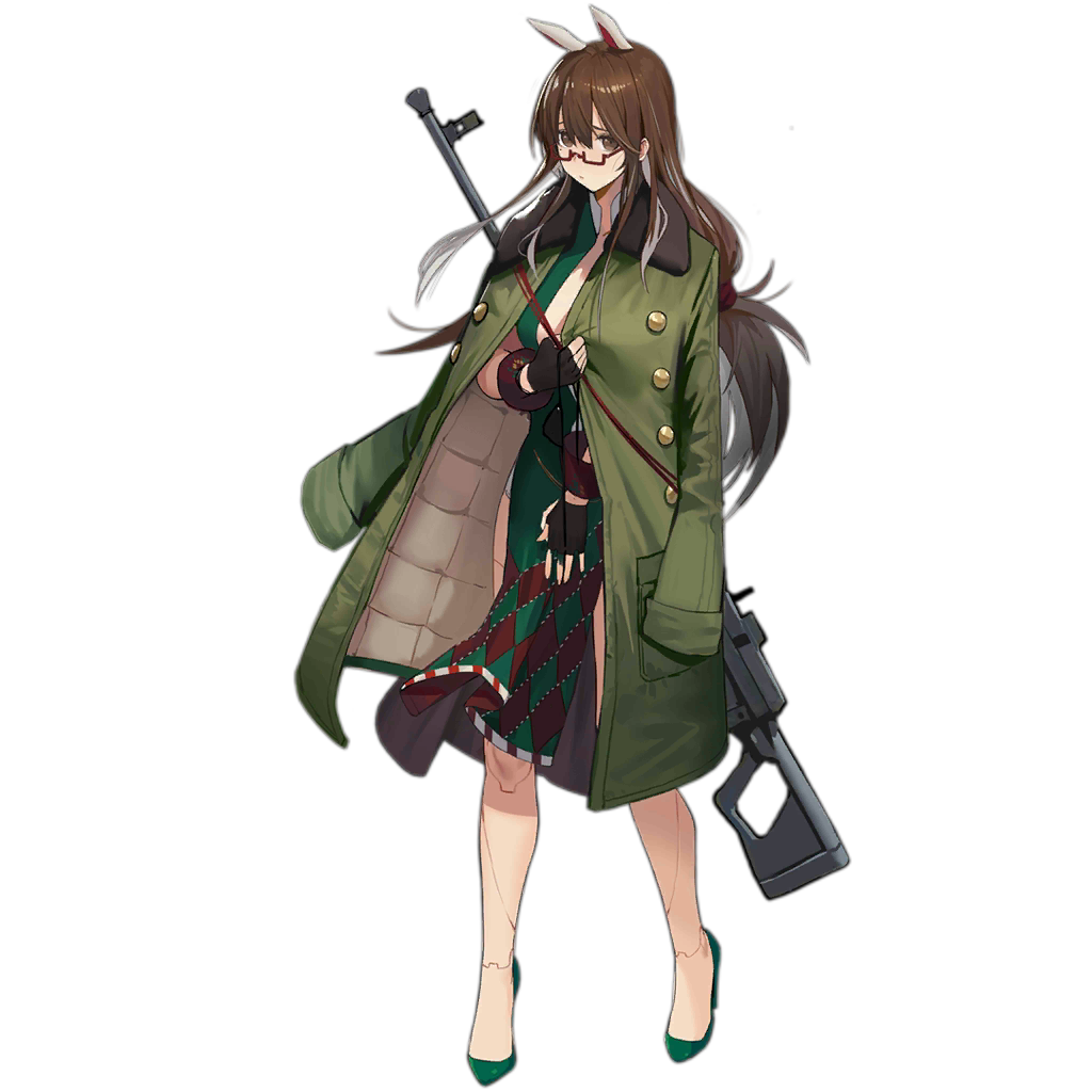1girl animal_ears arm_up bangs black_gloves breasts brown_eyes brown_hair buttons cleavage closed_mouth coat collar dress ears fingerless_gloves full_body girls_frontline glasses gloves green_dress green_footwear gun hair_between_eyes hair_ornament holding holding_clothes long_hair looking_at_viewer nin official_art shoes solo standing transparent_background type_88_(girls_frontline) weapon