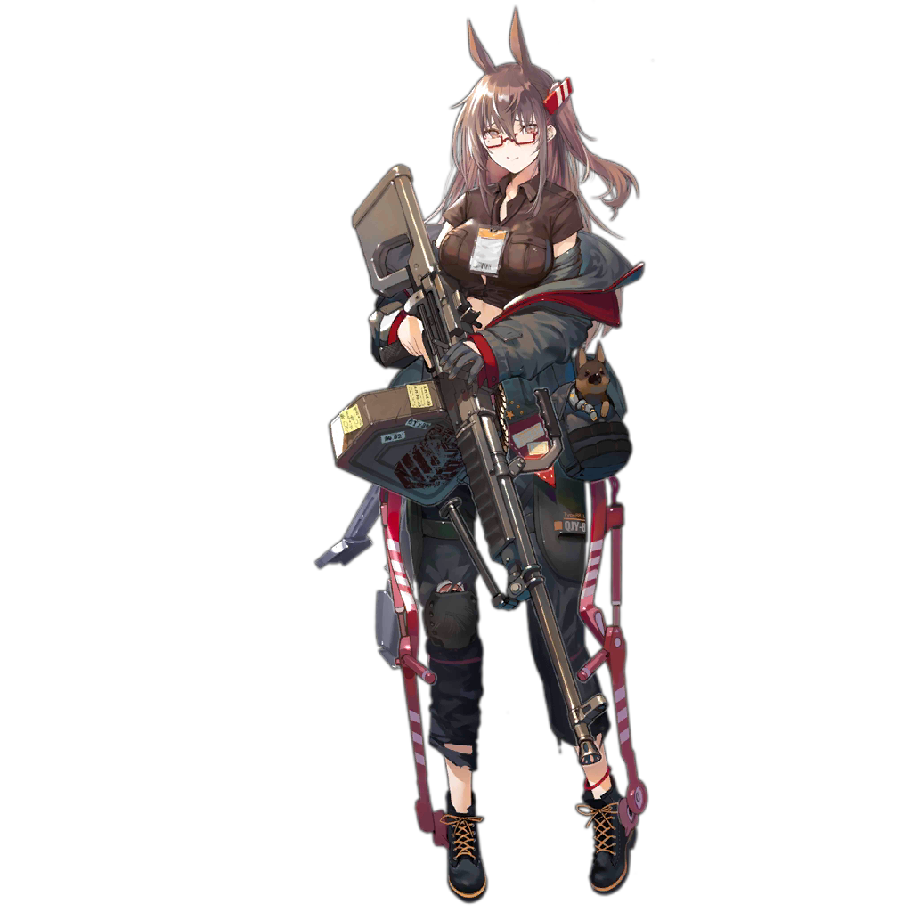 1girl ammunition_belt animal_ears ankle_boots anklet armor bag baggy_clothes bangs black_footwear black_pants blush boots brown_hair brown_shirt closed_mouth coat collared_shirt cross-laced_footwear dog exoskeleton frown full_body girls_frontline gloves grey_coat gun hair_ornament hairclip holding holding_gun holding_weapon horse_ears jewelry lace-up_boots lanyard long_hair machine_gun mole mole_under_eye name_tag nin off_shoulder official_art one_side_up open_clothes open_coat pants red-framed_eyewear semi-rimless_eyewear shirt short_sleeves single_glove single_knee_pad sleeves_past_wrists smile solo taut_clothes taut_shirt torn_clothes torn_pants transparent_background trigger_discipline type_88_(girls_frontline) type_88_lmg weapon