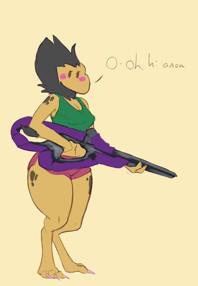 alien anthro artblush bare_shoulders blush bottomwear bungie canid canine canis clothed clothing dialogue female gun halo_(franchise) halo_(series) holding_object holding_weapon hotpants invalid_tag jackal kig-yar mammal microsoft ranged_weapon scalie shirt shorts solo t'vaoan tank_top thick_thighs topwear video_games weapon wide_hips xbox_game_studios
