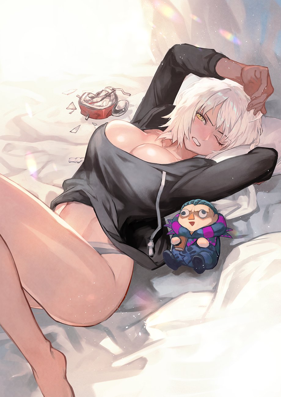 1girl alarm_clock breasts broken caster_(fate/zero) character_doll clock fate/grand_order fate_(series) highres jeanne_d'arc_(alter)_(fate) jeanne_d'arc_(fate)_(all) lack large_breasts on_bed one_eye_closed panties pillow sunlight underwear waking_up white_hair yellow_eyes