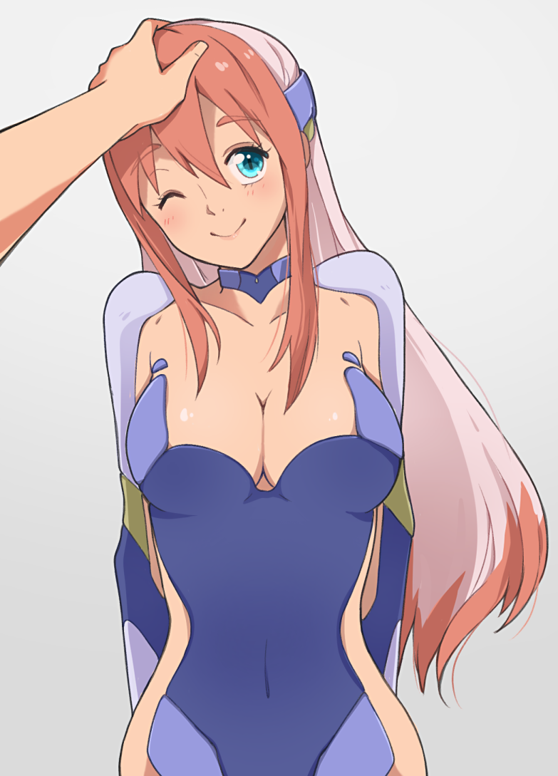 1girl birdy_cephon_altirra blue_eyes blue_leotard breasts cleavage closed_mouth covered_navel large_breasts leotard long_hair looking_at_viewer memodraws multicolored_hair petting pink_hair simple_background smile tetsuwan_birdy tetsuwan_birdy_decode two-tone_hair