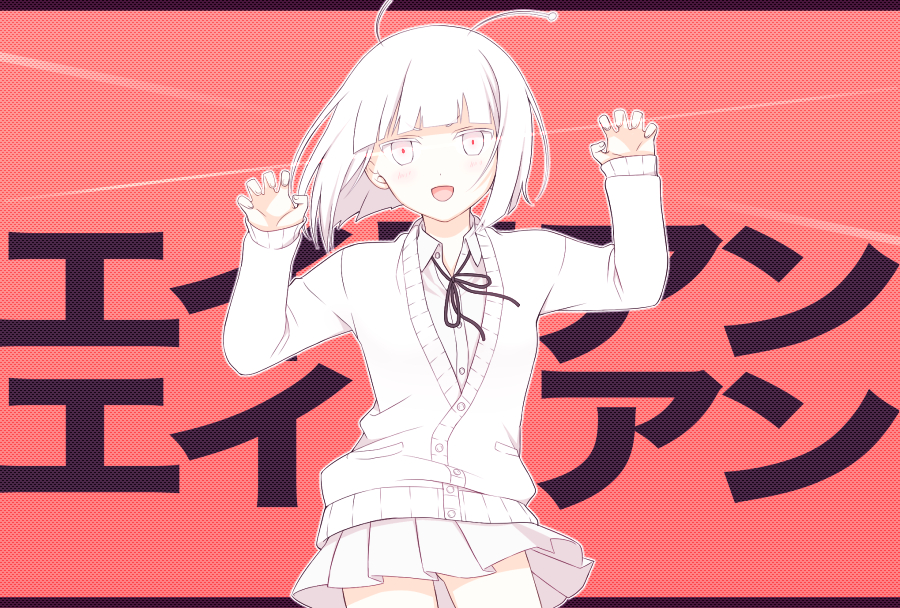 1girl alien_alien_(vocaloid) andromedako antennae bangs blunt_bangs bolo_tie cardigan claw_pose commentary_request cowboy_shot long_sleeves looking_at_viewer miniskirt notsugi_(sasasasa_oriori) open_mouth pleated_skirt red_background red_pupils short_hair skirt smile solo white_cardigan white_eyes white_hair white_skirt