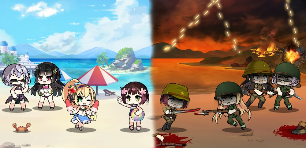 4girls ball bayonet beach beachball bikini blonde_hair blood brown_hair character_request chibi crab english_commentary explosion flak flower flower_on_head food girls_frontline green_eyes gun hair_flower hair_ornament hairband holding long_hair m1_garand_(girls_frontline) multiple_girls nori_(seaweed) ocean onigiri open_mouth outdoors parasol popsicle rice rifle sand school_swimsuit short_hair smile sunglasses swimsuit sword the_mad_mimic thompson_(girls_frontline) tracer_fire type_64_(girls_frontline) type_92_(girls_frontline) umbrella united_states_marine_corps viet_cong vietnam_war war weapon