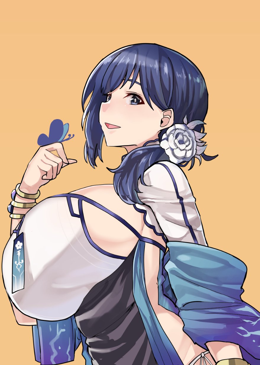 1girl alternate_hairstyle blue_hair blush bracelet breasts bug butterfly dp-12_(girls_frontline) flower girls_frontline hair_flower hair_ornament highres huge_breasts insect jewelry justeeeeth long_hair looking_at_viewer open_mouth shiny shiny_hair shiny_skin simple_background tied_hair tight