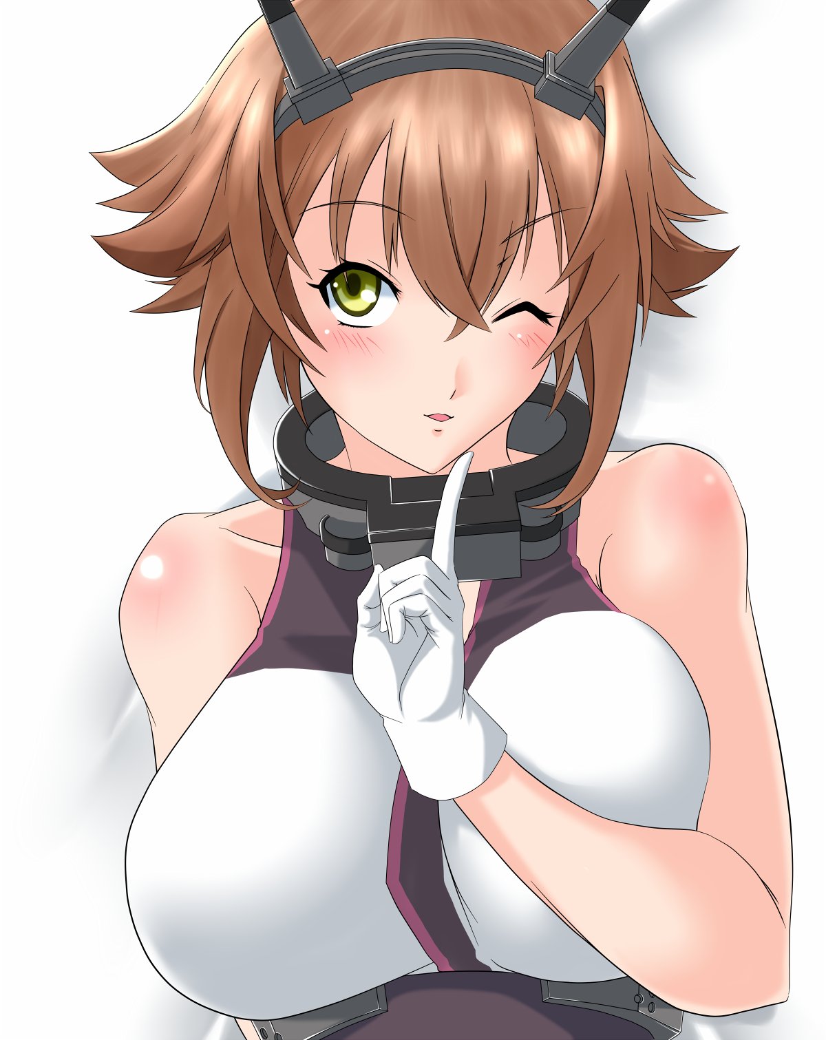 1girl breasts brown_hair commentary_request green_eyes hairband highres index_finger_raised kantai_collection kiriki_haruomi large_breasts looking_at_viewer mutsu_(kantai_collection) one_eye_closed parted_lips radio_antenna short_hair simple_background solo upper_body white_background